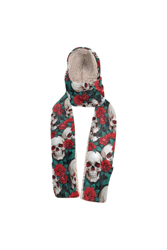 Warm Fleece Hood Scarf Wrap Floral Skulls Pattern