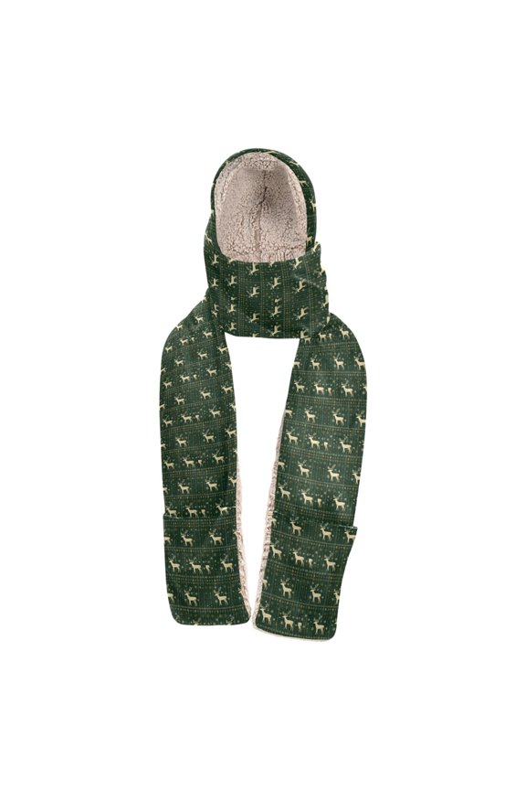 Warm Fleece Hood Scarf Wrap Forest Deer's Festive Tapestry Pattern