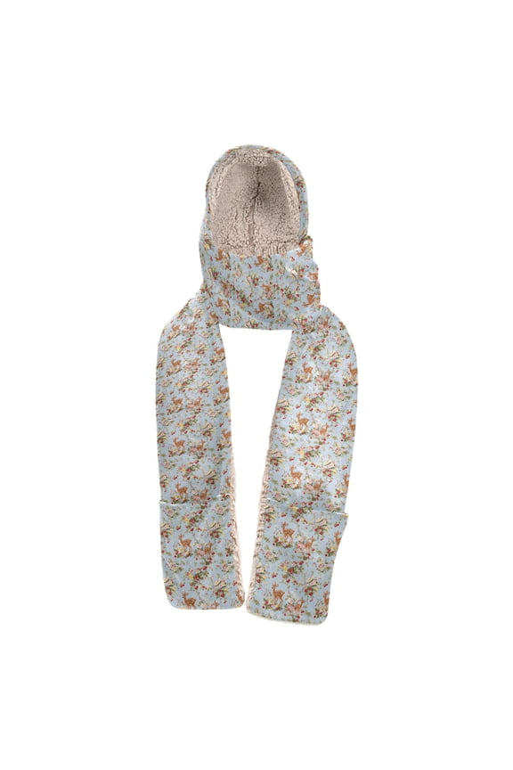 Warm Fleece Hood Scarf Wrap Forest with Deer Friends Pattern