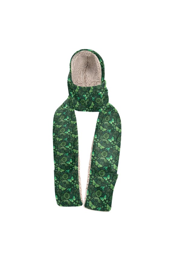 Warm Fleece Hood Scarf Wrap Lush Green Butterfly Haven Pattern
