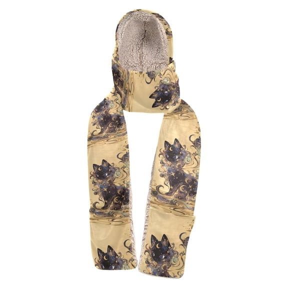 BZSMCE Warm Fleece Hood Scarf Wrap Mystic Black Cat Amid Golden Whirls Pattern