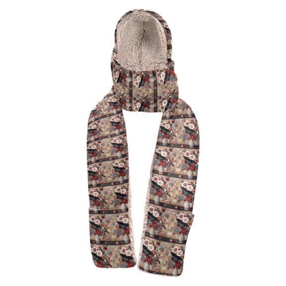 BZSMCE Warm Fleece Hood Scarf Wrap Patchwork Bloom Pattern