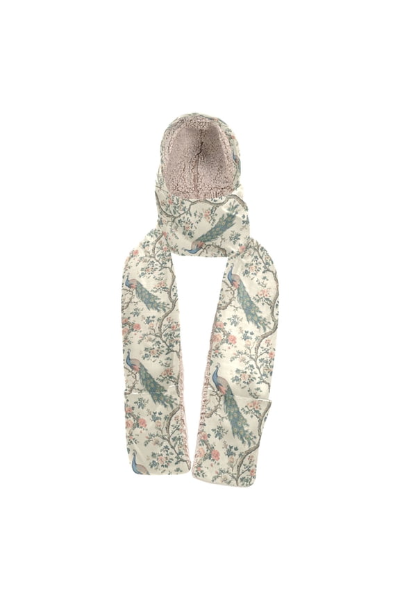 Warm Fleece Hood Scarf Wrap Peacock Paradise Pattern