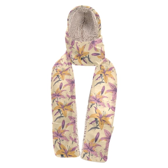 BZSMCE Warm Fleece Hood Scarf Wrap Playful Lily Blossoms Pattern
