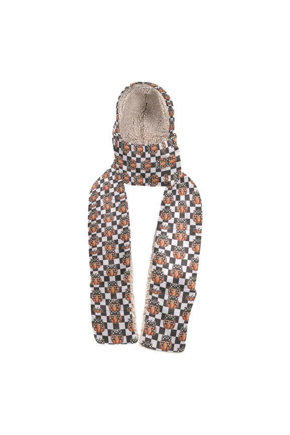 Warm Fleece Hood Scarf Wrap Pumpkin Checkerboard Charm Pattern