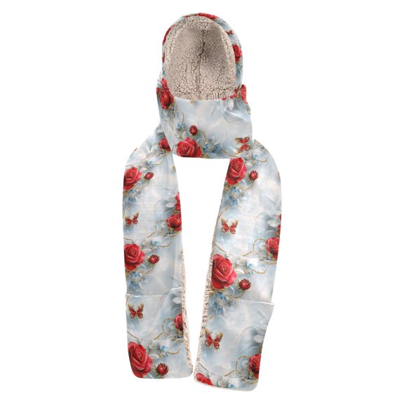 BZSMCE Warm Fleece Hood Scarf Wrap Radiant Roses and Butterflies Pattern