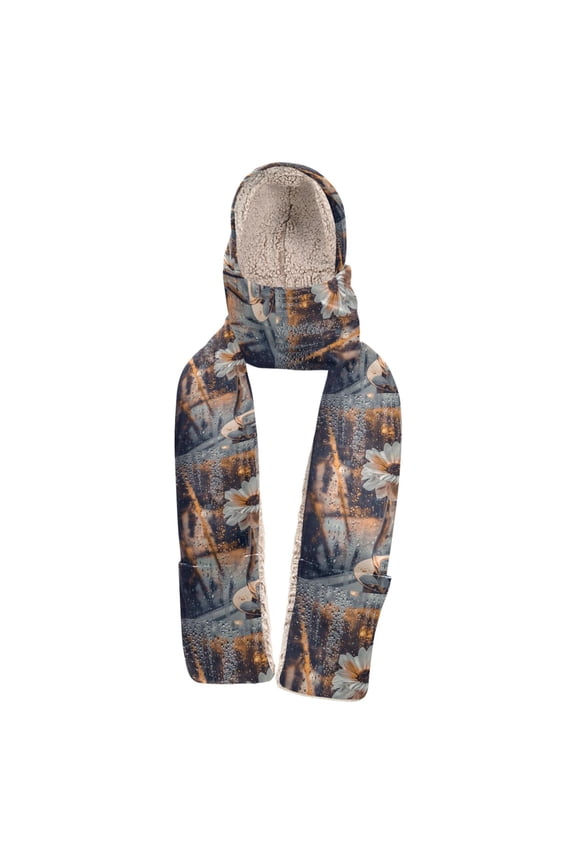 Warm Fleece Hood Scarf Wrap Rainy Window with Daisy Pattern
