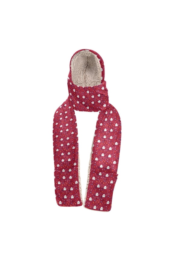 Warm Fleece Hood Scarf Wrap Red Ghostly Snowflake Scene Pattern