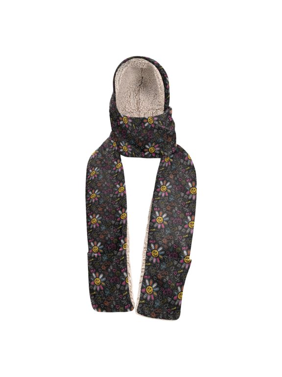 Warm Fleece Hood Scarf Wrap Smiley Blossom Pattern