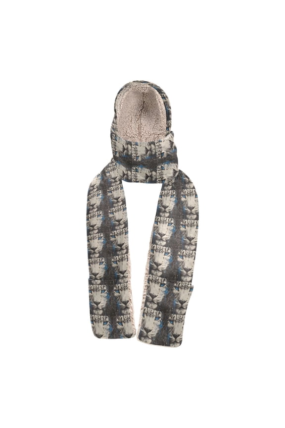 Warm Fleece Hood Scarf Wrap Snow Leopard Gaze Pattern