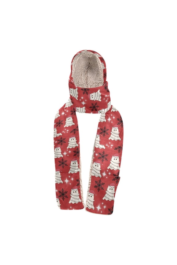 Warm Fleece Hood Scarf Wrap Snowy Ghostly Charm Pattern