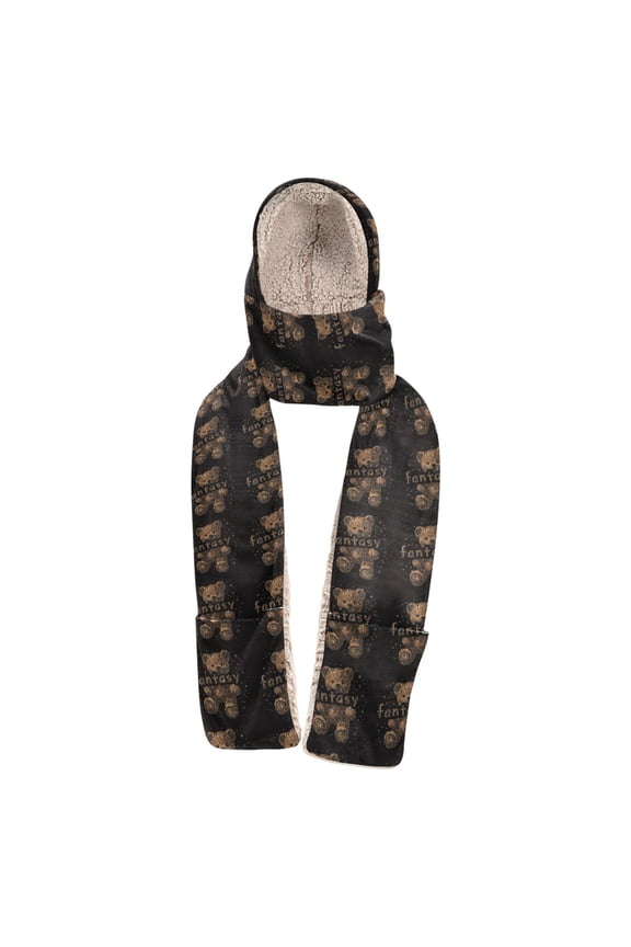 Warm Fleece Hood Scarf Wrap Sparkle Bear Pattern