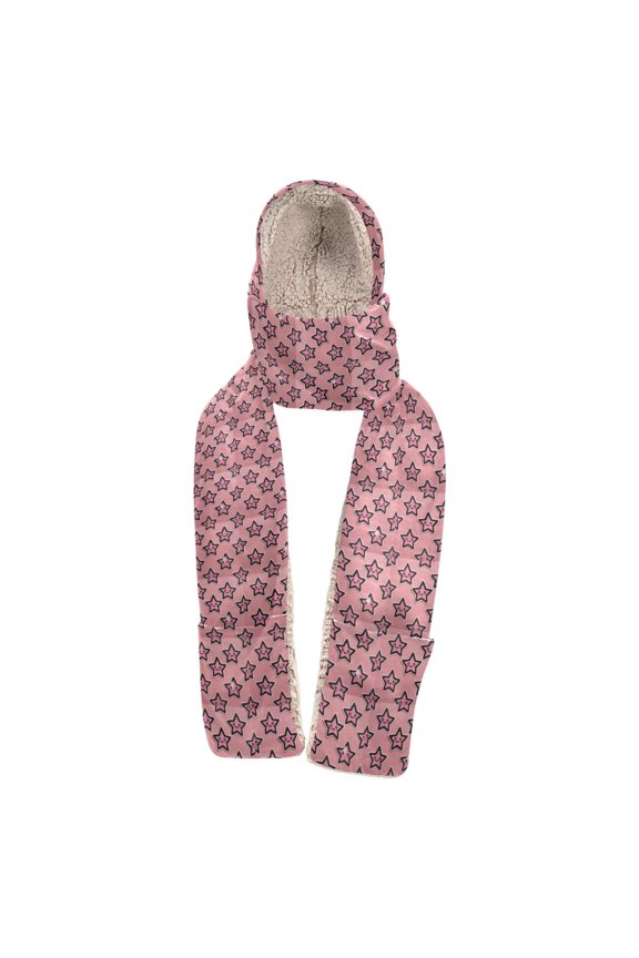 Warm Fleece Hood Scarf Wrap Starry Pink Smiles Pattern