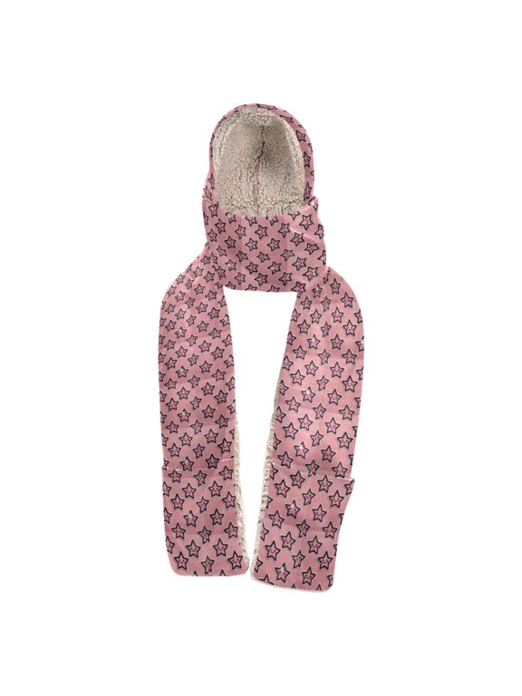 Warm Fleece Hood Scarf Wrap Starry Pink Smiles Pattern