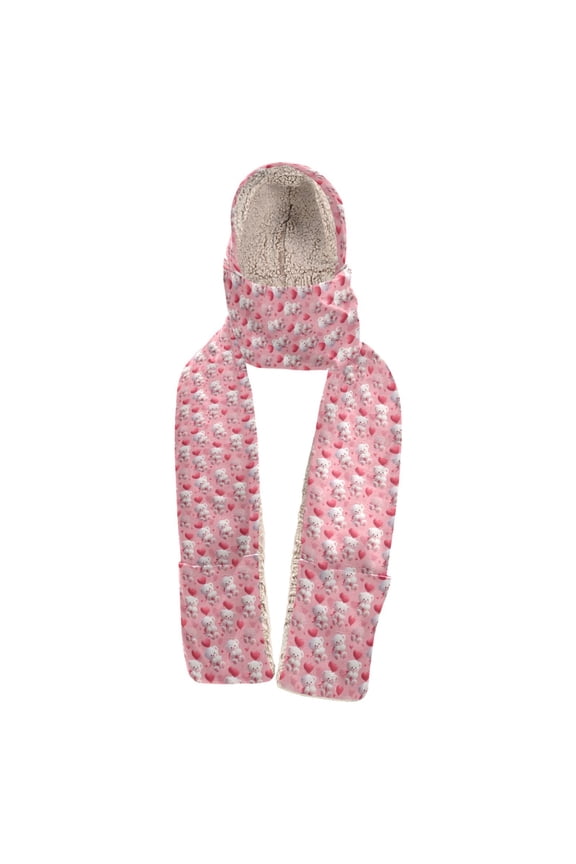 Warm Fleece Hood Scarf Wrap Teddy Bear Love Blush Pattern