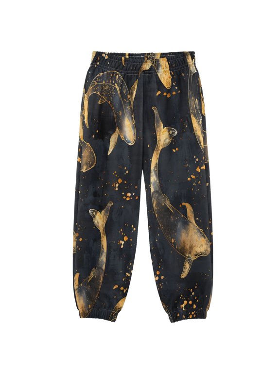 BZSMCE Watercolor Black and Gold Whale Fish Batik Pattern Print Elastic Waist Jogger Pants Lightweight Wind Resistant Casual Athletic Trousers with Cuffed Ankles & Side Pockets