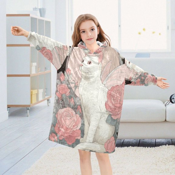 BZSMCE Wearable Blanket Hoodie Fashion Angelic Cat Among Roses Home Wear