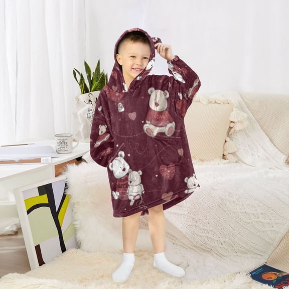 BZSMCE Wearable Blanket Hoodie Fashion Burgundy Bear Heart Cuddle Home Wear