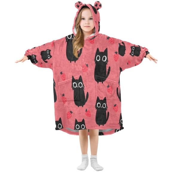 BZSMCE Wearable Blanket Hoodie Fashion Cat & Strawberry Pink Fun Home Wear