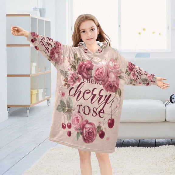 BZSMCE Wearable Blanket Hoodie Fashion Cherry Rose Home Wear