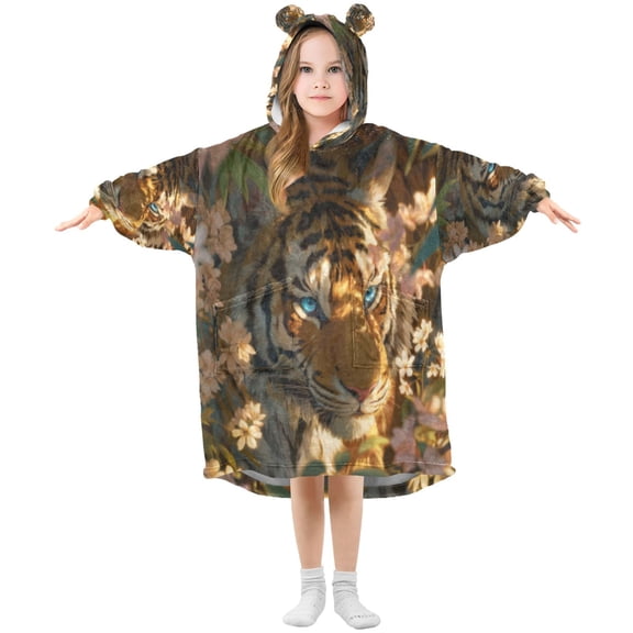 BZSMCE Wearable Blanket Hoodie Fashion Golden Floral Tiger Gaze Home Wear