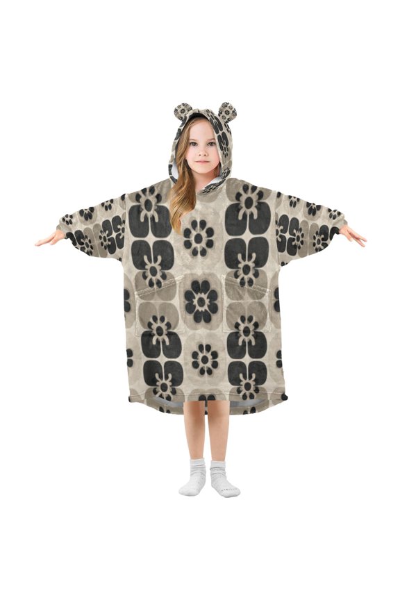 BZSMCE Wearable Blanket Hoodie Fashion Mid - Century Floral Grid Art Home Wear