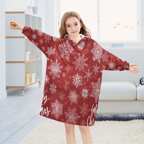 BZSMCE Wearable Blanket Hoodie Fashion Red Snowflake Script Magic Home Wear