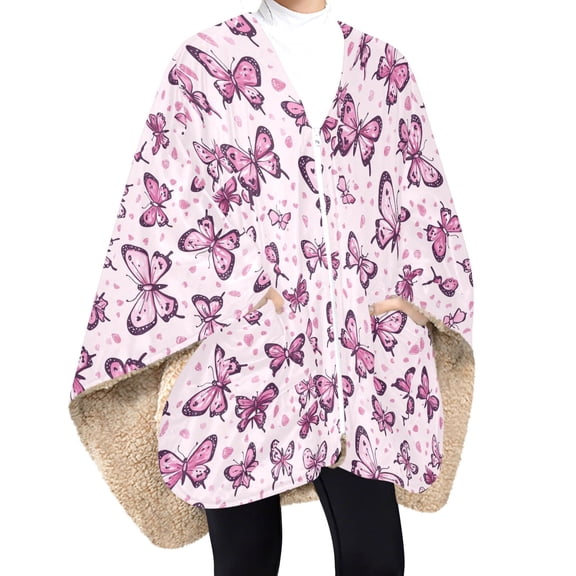 BZSMCE Whimsical Pink Butterflies Print Wearable Blanket Poncho DoubleLayer Fleece Sherpa Wrap Blanket With Zipper & Pockets Cozy Sleeveless Warm Throw Blanket