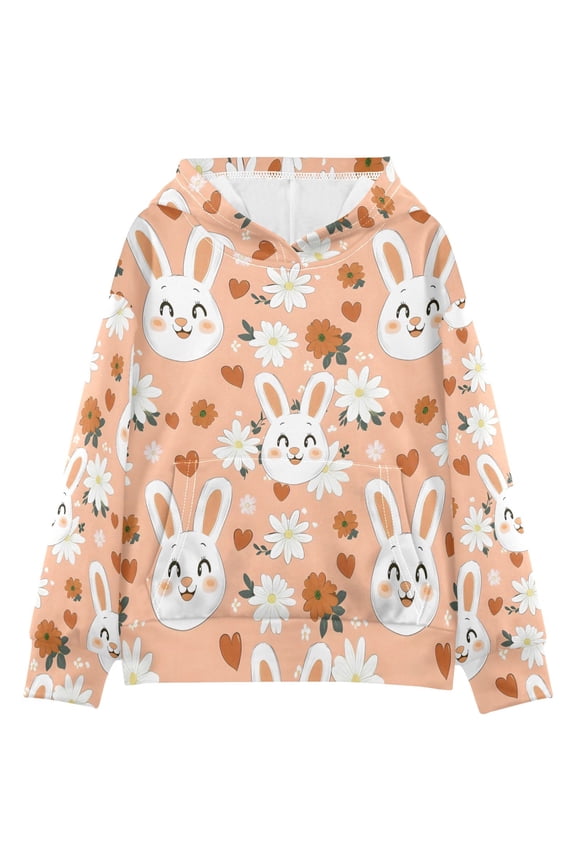 BZSMCE White Bunny Daisy Pattern Print Hoodie Casual Pullover Sweatshirt With Kangaroo Pocket