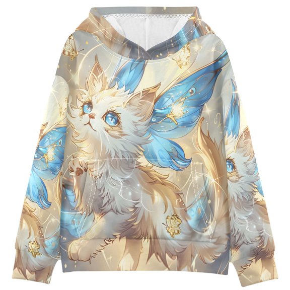 BZSMCE White Cat Wings Butterfly Print Hoodie Casual Pullover Sweatshirt With Kangaroo Pocket
