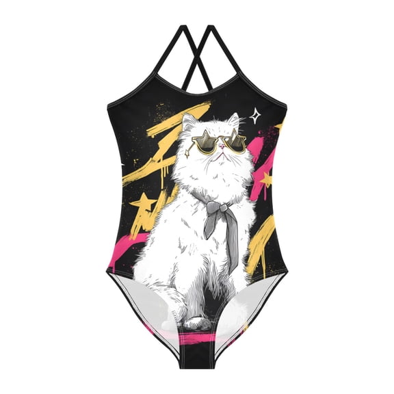 BZSMCE White CatPattern For One-Piece Swimsuit with Crisscross StrapsWhite CatPattern