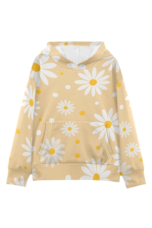 BZSMCE White Daisy Print Hoodie Casual Pullover Sweatshirt With Kangaroo Pocket