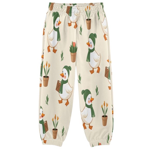 BZSMCE White Duck Green Scarf Potted Plant Pattern Print Elastic Waist Jogger Pants Lightweight Wind Resistant Casual Athletic Trousers with Cuffed Ankles & Side Pockets