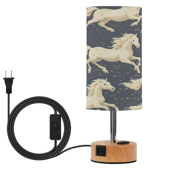 BZSMCE White Horse Pattern Printed 3 Color Touch Control Table Lamp Linen Shade LED Nightstand Lamp with Wood Grain BaseUS Standard Power Cord