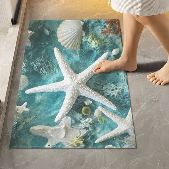 BZSMCE White Starfish Shell Coral Pattern 2-Piece Non-Slip Absorbent Bathroom Rug Set, Soft Bath Mat & Toilet Rug