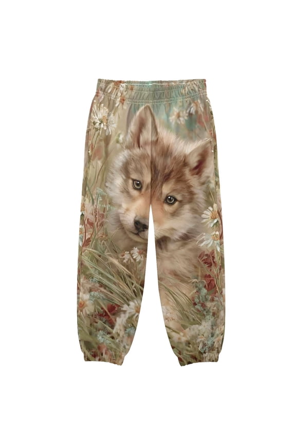 BZSMCE Wildflower Wolf Pup Print Elastic Waist Jogger Pants Lightweight Wind Resistant Casual Athletic Trousers with Cuffed Ankles & Side Pockets