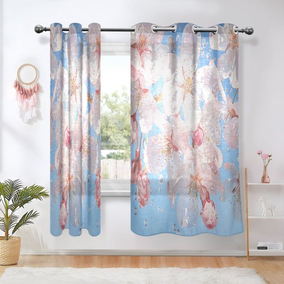 BZSMCE Window Curtain Panels Fashion Cherry Blossoms Rain Printed 63x42in/63x52in