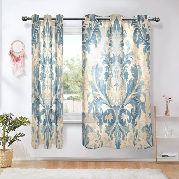BZSMCE Window Curtain Panels Fashion Classic Indigo Scroll Patter Printed 63x42in/63x52in
