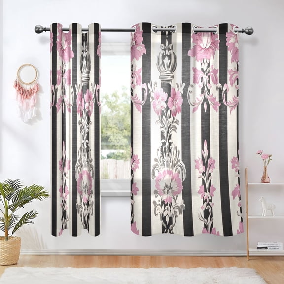 BZSMCE Window Curtain Panels Fashion Floral Pink Black Damask Printed 63x42in/63x52in