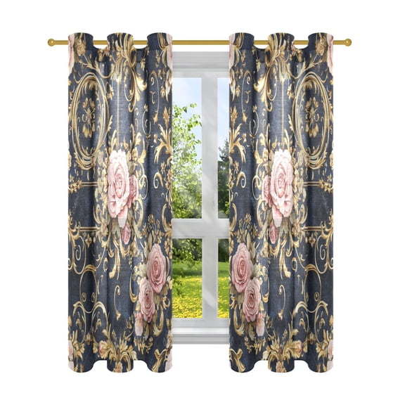 BZSMCE Window Curtain Panels Fashion Floral Pink Roses Gold Filigree Printed 63x42in/63x52in