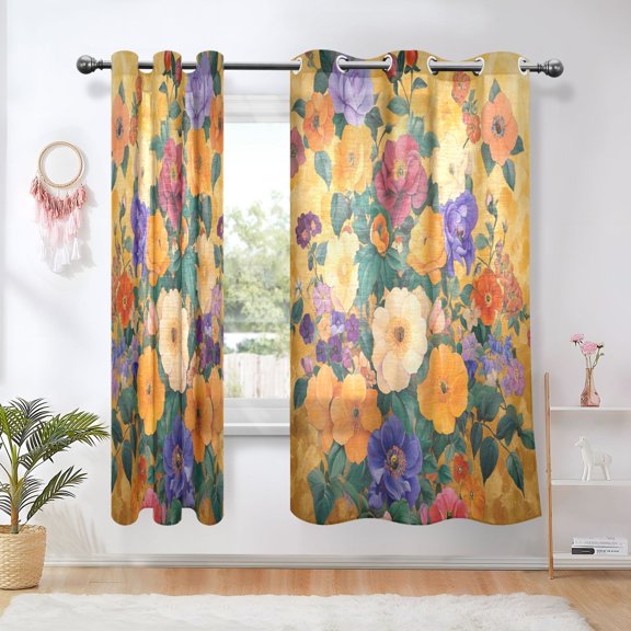 BZSMCE Window Curtain Panels Fashion Golden Floral Harmony Printed 63x42in/63x52in