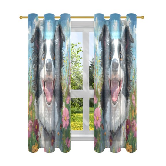 BZSMCE Window Curtain Panels Fashion Happy Dog Among Blooms Printed 63x42in/63x52in