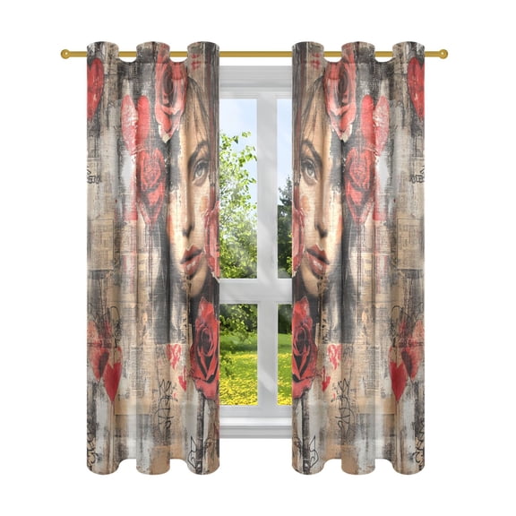 BZSMCE Window Curtain Panels Fashion Portrait with Roses Printed 63x42in/63x52in