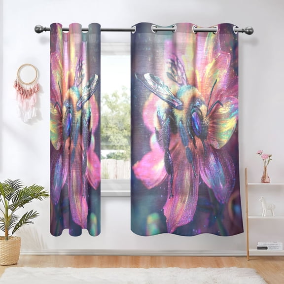 BZSMCE Window Curtain Panels Fashion Vibrant Bee on A Radiant Bloom Printed 63x42in/63x52in