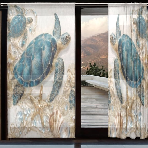 BZSMCE Window Curtain Panels Set Of 2 In Azure Jeweled Turtle Printed