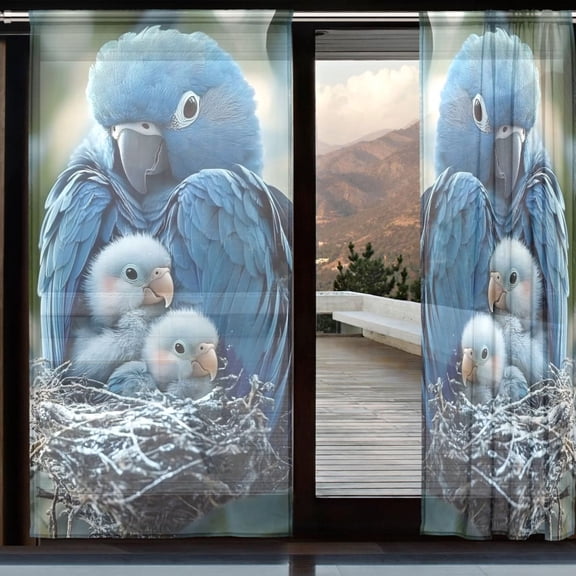BZSMCE Window Curtain Panels Set Of 2 In Azure Parrot Family Nest Printed