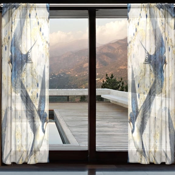 BZSMCE Window Curtain Panels Set Of 2 In Azure Swallows Printed