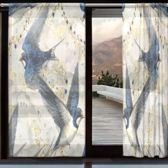 BZSMCE Window Curtain Panels Set Of 2 In Azure Swallows Printed