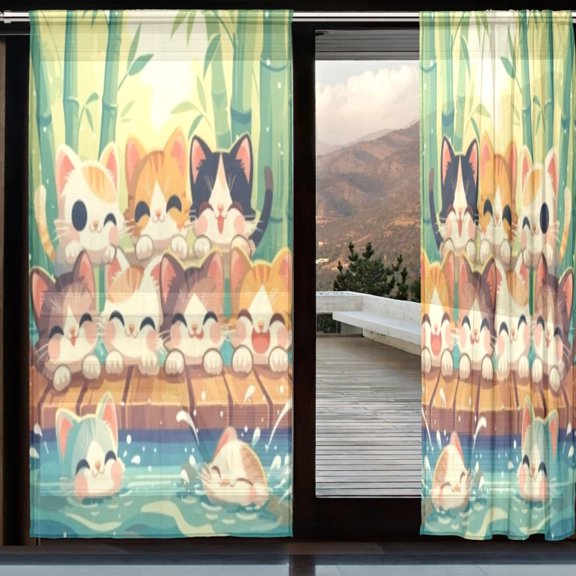 BZSMCE Window Curtain Panels Set Of 2 In Bamboo Edge Cats and Fishes Printed