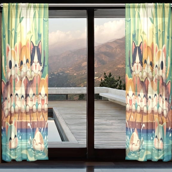 BZSMCE Window Curtain Panels Set Of 2 In Bamboo Edge Cats and Fishes Printed